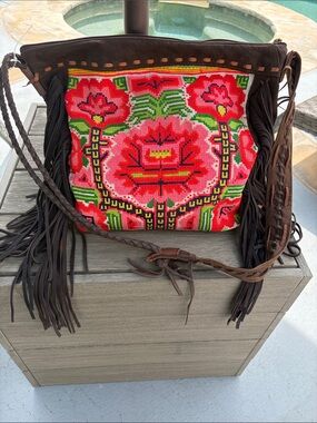 Boho Floral Embroidered Crossbody Bag in Pink and Brown